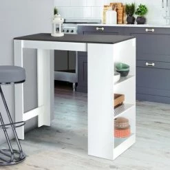 IDMARKET Table De Bar BARTH 2 à 4 Personnes Bois Blanc Plateau Gris - Gris