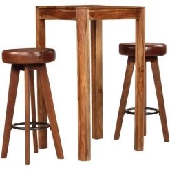 VidaXL Ensemble De Bar Bois De Sesham Massif Et Cuir Véritable 3 Pcs - Brun
