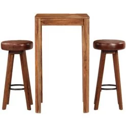 VidaXL Ensemble De Bar Bois De Sesham Massif Et Cuir Véritable 3 Pcs - Brun 9 VidaXL Ensemble De Bar Bois De Sesham Massif Et Cuir Véritable 3 Pcs - Brun -Table haute et bar Soldes 11741663 3