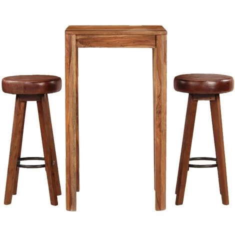 VidaXL Ensemble De Bar Bois De Sesham Massif Et Cuir Véritable 3 Pcs - Brun 5 VidaXL Ensemble De Bar Bois De Sesham Massif Et Cuir Véritable 3 Pcs - Brun – Image 3