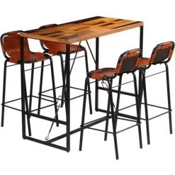 VIDAXL Ensemble De Bar 5 Pcs Bois Massif Recyclé Et Cuir De Chèvre - Brun - Ensembles De Meubles De Cuisine Et De Salle à Manger - Brun - Brun