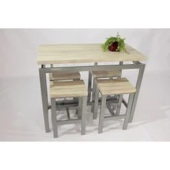 PRICE FACTORY Ensemble Design Table Haute, Bar + 4 Tabourets LE MANS. Set Moderne Type Industriel, Bois Et Métal. - Gris