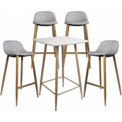 ALTOBUY TYOMA - Ensemble Mange-Debout + 4 Tabourets Tissu Gris - Blanc