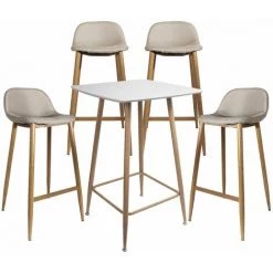 ALTOBUY TYOMA - Ensemble Mange-Debout + 4 Tabourets Tissu Beige - Blanc