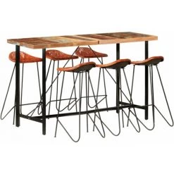 Ensemble De Bar 7 Pcs Bois De Récupération Et Cuir Véritable Modèle 1 VidaXL