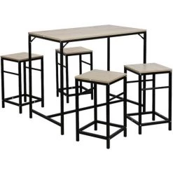 WYCTIN Hofuton Ensemble Table De Bar Design Industriel + 4 Tabourets Repose-Pieds Panneaux Particules Imitation Chêne Clair Métal Noir