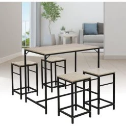 WYCTIN Hofuton Ensemble Table De Bar Design Industriel + 4 Tabourets Repose-Pieds Panneaux Particules Imitation Chêne Clair Métal Noir -Table haute et bar Soldes 19605225 5