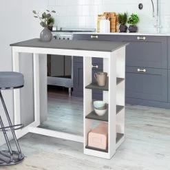 IDMARKET Table De Bar BARTH 2 à 4 Personnes Ajourée Bois Blanc Plateau Gris - Gris