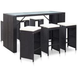 Meuble De Bar De Jardin 7 Pcs Et Coussins Résine Tressée Noir VidaXL
