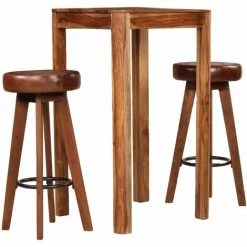 Hommoo Ensemble De Bar 3 Pcs Bois De Sesham Massif Et Cuir Veritable HDV12195