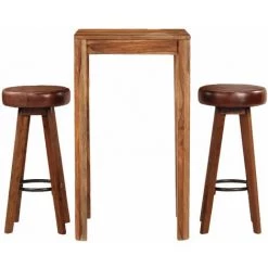 Hommoo Ensemble De Bar 3 Pcs Bois De Sesham Massif Et Cuir Veritable HDV12195 -Table haute et bar Soldes 25069184 3