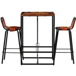TRUE DEAL Ensemble De Bar 3 Pcs Bois Massif Recyclé Et Cuir De Chèvre -Table haute et bar Soldes 26222613 2