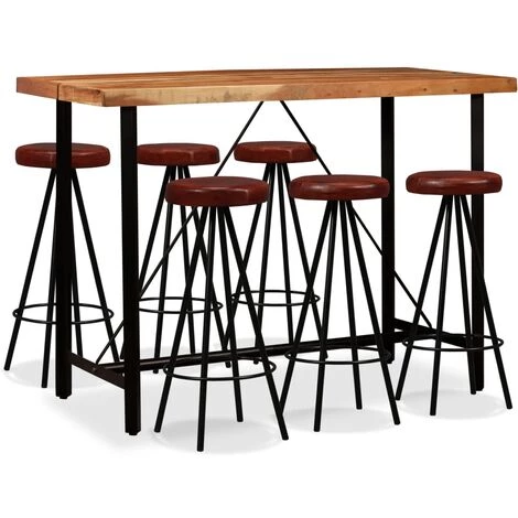 TRUE DEAL Ensemble De Bar 7 Pcs Bois D'acacia Massif Et Cuir Véritable 3 TRUE DEAL Ensemble De Bar 7 Pcs Bois D'acacia Massif Et Cuir Véritable