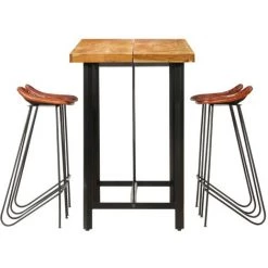 TRUE DEAL Ensemble De Bar 5 Pcs Bois Solide Et Cuir Véritable -Table haute et bar Soldes 26268594 3