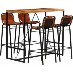 TRUE DEAL Ensemble De Bar 5 Pcs Bois Massif Recyclé Et Cuir De Chèvre -Table haute et bar Soldes 26660728 2