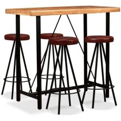 TRUE DEAL Ensemble De Bar 5 Pcs Bois D'acacia Massif Et Cuir Véritable