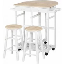 HOMCOM Ensemble Table De Bar Pliable Sur Roulettes Avec étagère Et 2 Tiroirs + 2 Tabourets Bois Pin MDF Blanc Chêne Clair - Beige
