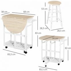 HOMCOM Ensemble Table De Bar Pliable Sur Roulettes Avec étagère Et 2 Tiroirs + 2 Tabourets Bois Pin MDF Blanc Chêne Clair - Beige -Table haute et bar Soldes 28719032 3