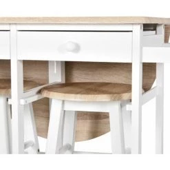 HOMCOM Ensemble Table De Bar Pliable Sur Roulettes Avec étagère Et 2 Tiroirs + 2 Tabourets Bois Pin MDF Blanc Chêne Clair - Beige -Table haute et bar Soldes 28719032 4