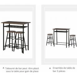 HOMCOM Ensemble Table De Bar Design Industriel + 2 Tabourets MDF Imitation Bois Noyer Métal Noir - Marron -Table haute et bar Soldes 28764568 4