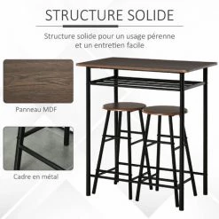 HOMCOM Ensemble Table De Bar Design Industriel + 2 Tabourets MDF Imitation Bois Noyer Métal Noir - Marron -Table haute et bar Soldes 28764568 5