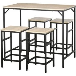 HOMCOM Ensemble Table De Bar Design Industriel + 4 Tabourets Repose-pieds Panneaux Particules Imitation Chêne Clair Métal Noir - Beige
