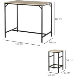 HOMCOM Ensemble Table De Bar Design Industriel + 4 Tabourets Repose-pieds Panneaux Particules Imitation Chêne Clair Métal Noir - Beige -Table haute et bar Soldes 29295926 3