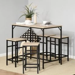 HOMCOM Ensemble Table De Bar Design Industriel + 4 Tabourets Repose-pieds Panneaux Particules Imitation Chêne Clair Métal Noir - Beige -Table haute et bar Soldes 29295926 4