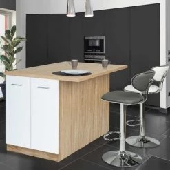 IDMARKET Ilot Central IVO 120 Cm Bois Façon Hêtre Portes Blanches Avec Plan De Travail - Blanc