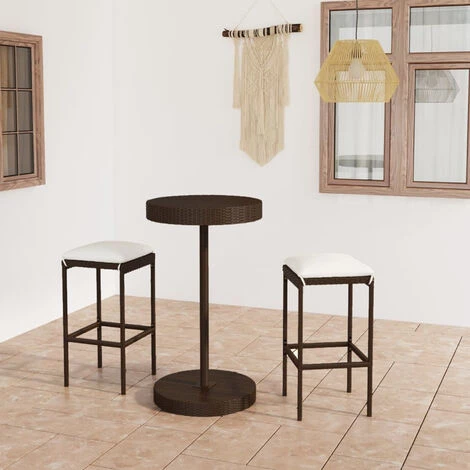 ASUPERMALL Meuble De Bar De Jardin 3 Pcs Et Coussins Resine Tressee Marron 3 ASUPERMALL Meuble De Bar De Jardin 3 Pcs Et Coussins Resine Tressee Marron