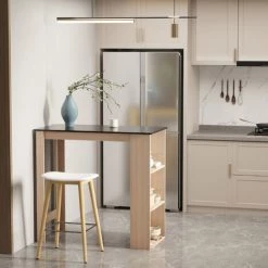 HOMCOM Table De Bar Table Haute De Cuisine Mange-debout Comptoir - Dim. 112L X 57l X 106H Cm - 3 étagères - Panneaux De Particules - Aspect Chêne Clair Noir - Marron -Table haute et bar Soldes 36843120 2