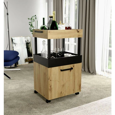 MEUBLETMOI Bar à Roulettes 1 Porte 2 Plateaux Décor Chêne Et Noir - BENJI - Bois 4 MEUBLETMOI Bar à Roulettes 1 Porte 2 Plateaux Décor Chêne Et Noir - BENJI - Bois – Image 2