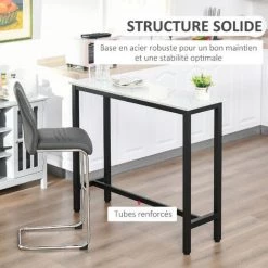 HOMCOM Table De Bar - Table Haute De Cuisine - Dim. 120L X 40l X 100H Cm - Châssis Piètement Acier Noir, Plateau Aspect Marbre Blanc - Blanc -Table haute et bar Soldes 37330551 4