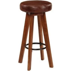 HAPPYSHOPPING Chaises De Bar 2 Pcs Cuir Veritable Et Bois D'acacia Solide -Table haute et bar Soldes 39618480 4