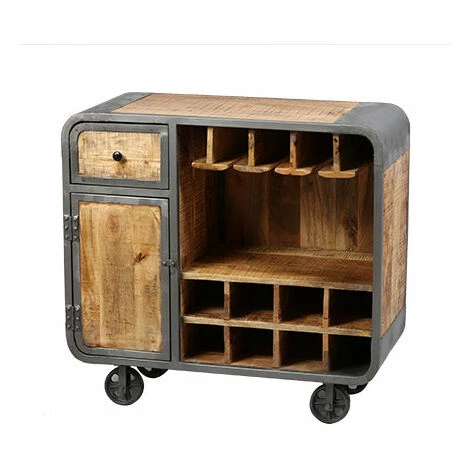 M-S Meuble Bar Sur Roulettes En Bois Naturel Et Métal Gris - NEVADA 3 M-S Meuble Bar Sur Roulettes En Bois Naturel Et Métal Gris - NEVADA