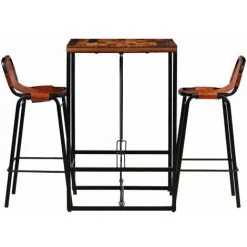 HAPPYSHOPPING Ensemble De Bar 3 Pcs Bois Massif Recycle Et Cuir De Chevre -Table haute et bar Soldes 41956044 3