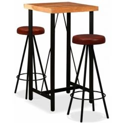 HAPPYSHOPPING Ensemble De Bar 3 Pcs Bois D'acacia Massif Et Cuir Veritable