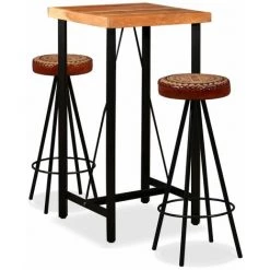 HAPPYSHOPPING Ensemble De Bar 3 Pcs Bois D'acacia Cuir Veritable Et Toile