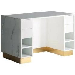 LES TENDANCES Table De Bar Art Déco Verre Cristal Teinté Blanc Marbré Et Acier Doré Kola 180 Cm -Table haute et bar Soldes 41999091 4
