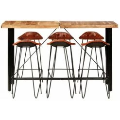 TRUE DEAL Ensemble De Bar 7 Pcs Bois Solide Et Cuir Véritable -Table haute et bar Soldes 42169095 2