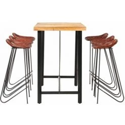 TRUE DEAL Ensemble De Bar 7 Pcs Bois Solide Et Cuir Véritable -Table haute et bar Soldes 42169095 3