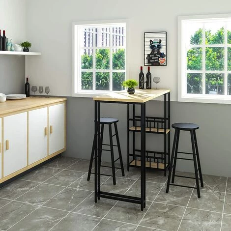 WOLTU 1 X Table De Bar + 2 X Tabourets De Bar Structure En Métal Plateau En MDF.Chêne Clair 4 WOLTU 1 X Table De Bar + 2 X Tabourets De Bar Structure En Métal Plateau En MDF.Chêne Clair – Image 2