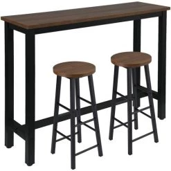 WOLTU 1 Table De Bar+2 Tabourets De Bar Hêtre Foncé.en MDF Et Métal.140x40x100cm