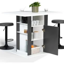 IDMARKET Ilot Central UGO 110 Cm Bois Blanc Et Gris Avec Rangements -Table haute et bar Soldes 45391570 4