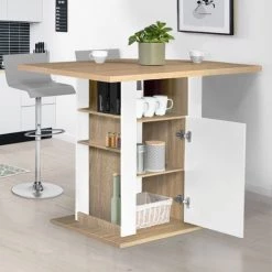 IDMARKET Ilot Central UGO 110 Cm Bois Blanc Et Imitation Hêtre Avec Rangements -Table haute et bar Soldes 45391574 3