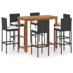 Hommoo Ensemble De Bar De Jardin Avec Coussins 7 Pcs Noir
