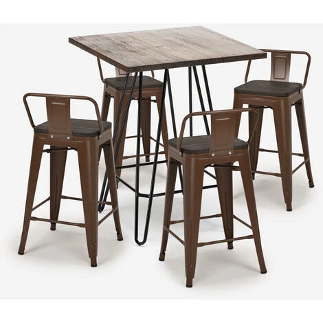 AHD AMAZING HOME DESIGN Ensemble Table Bois Métal 60x60cm 4 Tabourets Style Tolix Mason Noix Steel Top | Couleur: Marron 5 AHD AMAZING HOME DESIGN Ensemble Table Bois Métal 60x60cm 4 Tabourets Style Tolix Mason Noix Steel Top | Couleur: Marron – Image 3
