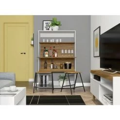 BEAUX MEUBLES PAS CHERS Meuble Secrétaire - Bar Blanc Et Châtaignier -Table haute et bar Soldes 48456394 4