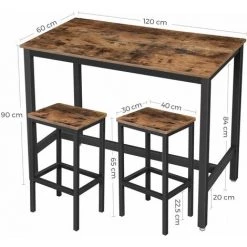 HUCOCO LIBUT - Table De Bar Style Rustique Cuisine/salle à Manger - 120x90x60 Cm - Avec 2 Tabourets - Marron -Table haute et bar Soldes 48663076 2
