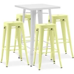 PRIVATEFLOOR Table De Bar Blanche + X4 Tabourets De Bar En Acier Design Industriel Set Bistrot Stylix - Nouvelle édition Jaune Pâle - - Jaune Pâle